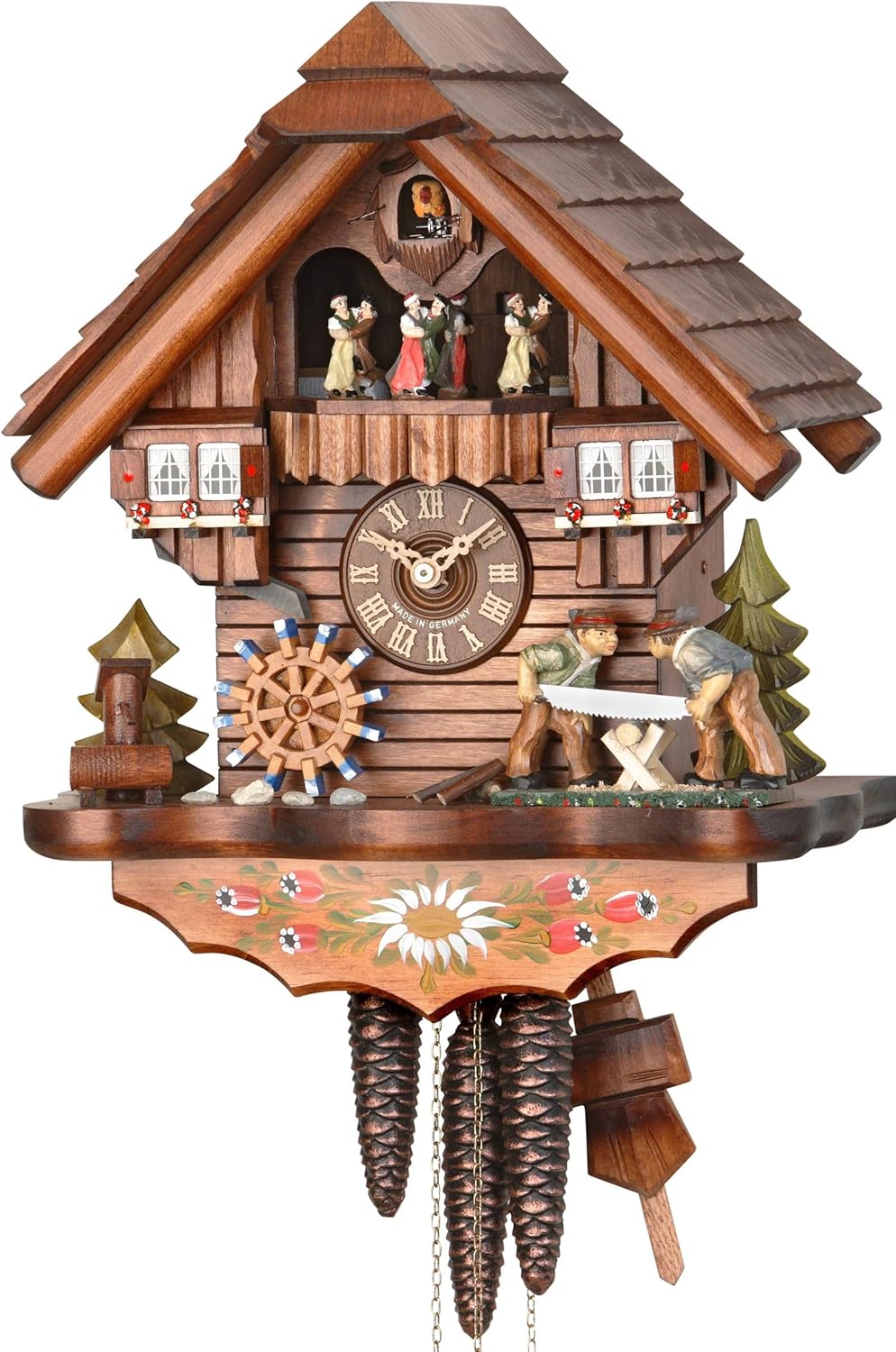 Kammerer Uhren Hekas cuckoo clock front view showing chalet house design and moving wood sawers.
