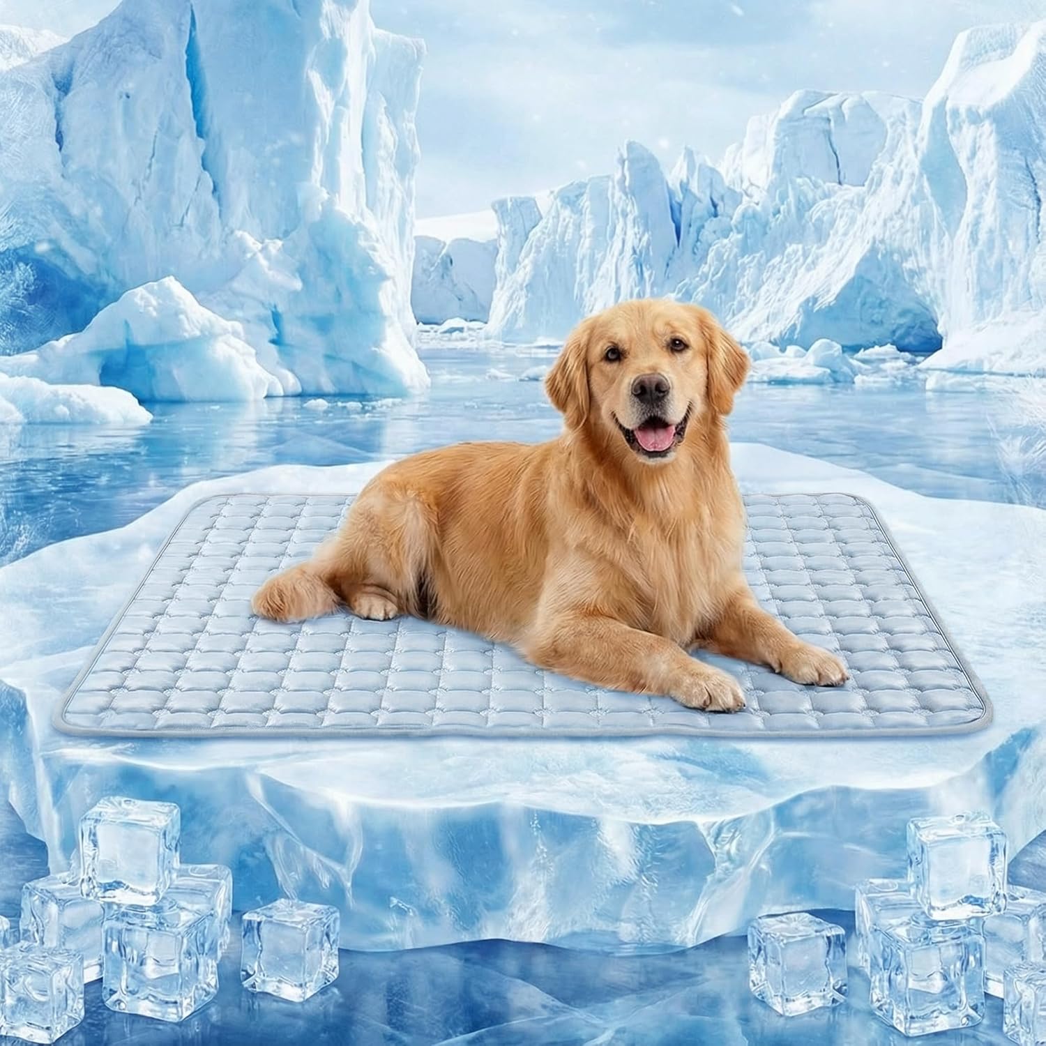 FunFurry dog cooling mat front view showing light blue quilted design.