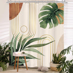Glawry Boho Sage Green Shower Curtain front view featuring abstract mid-century botanical palm leaves on a minimalist fabric backdrop.