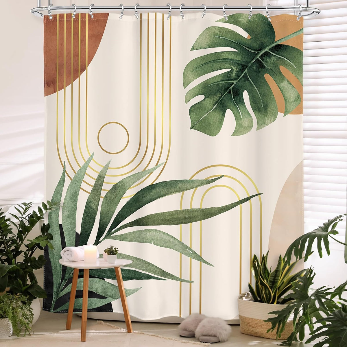 Glawry Boho Sage Green Shower Curtain front view featuring abstract mid-century botanical palm leaves on a minimalist fabric backdrop.