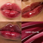 Fwee high shine non sticky lip gloss in Cherry Cola shade showing the rich seventy percent pigment texture.