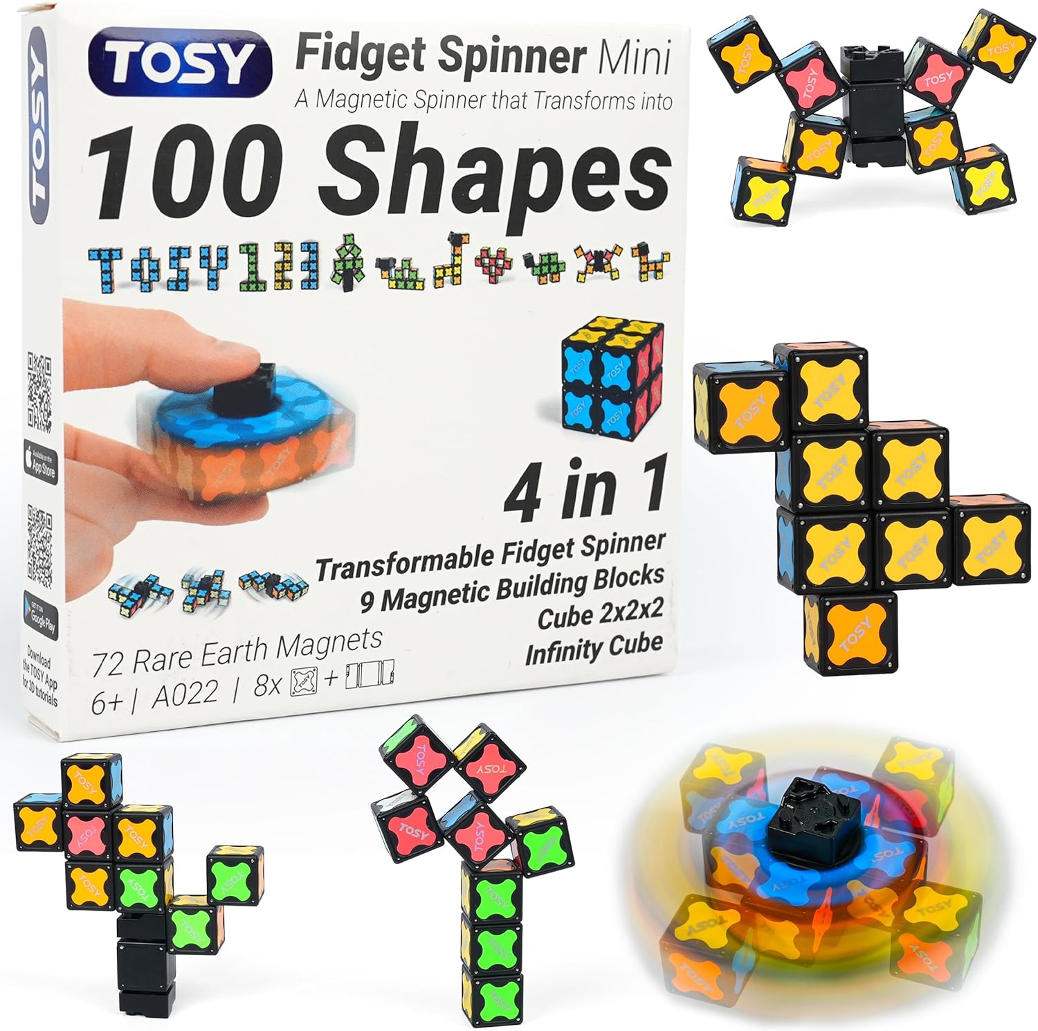 TOSY Magnet Fidget Spinner Mini front view showing eight interconnected blocks in a standard spinner shape.