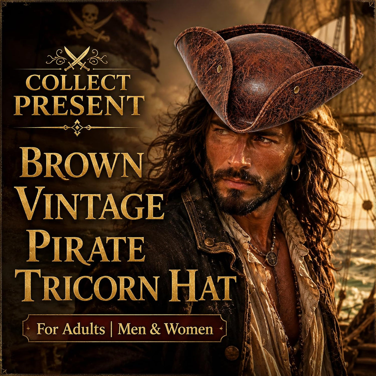 Vintage style adult pirate costume hat top angle view