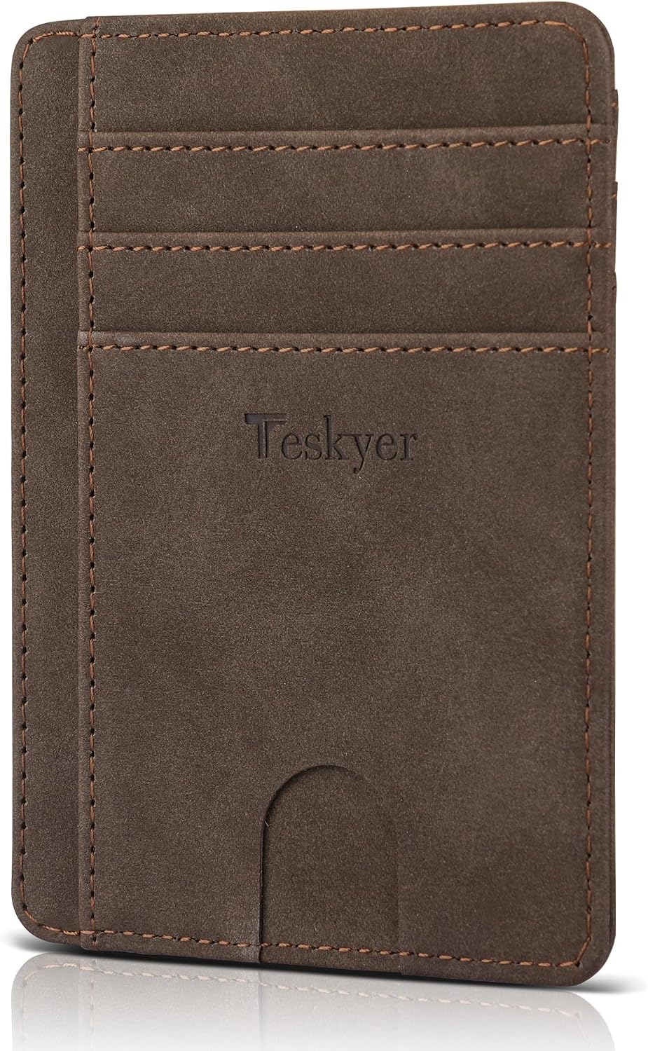 Teskyer slim minimalist wallet front view showing brown faux leather texture