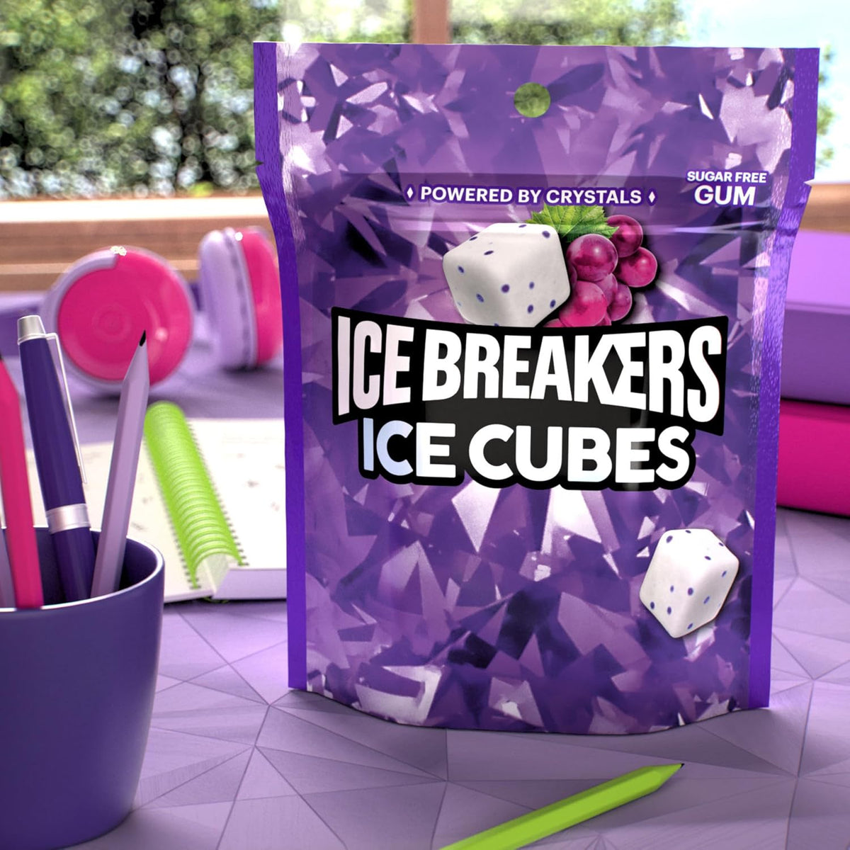 Open pouch of Ice Breakers Ice Cubes showing individual soft gum pieces