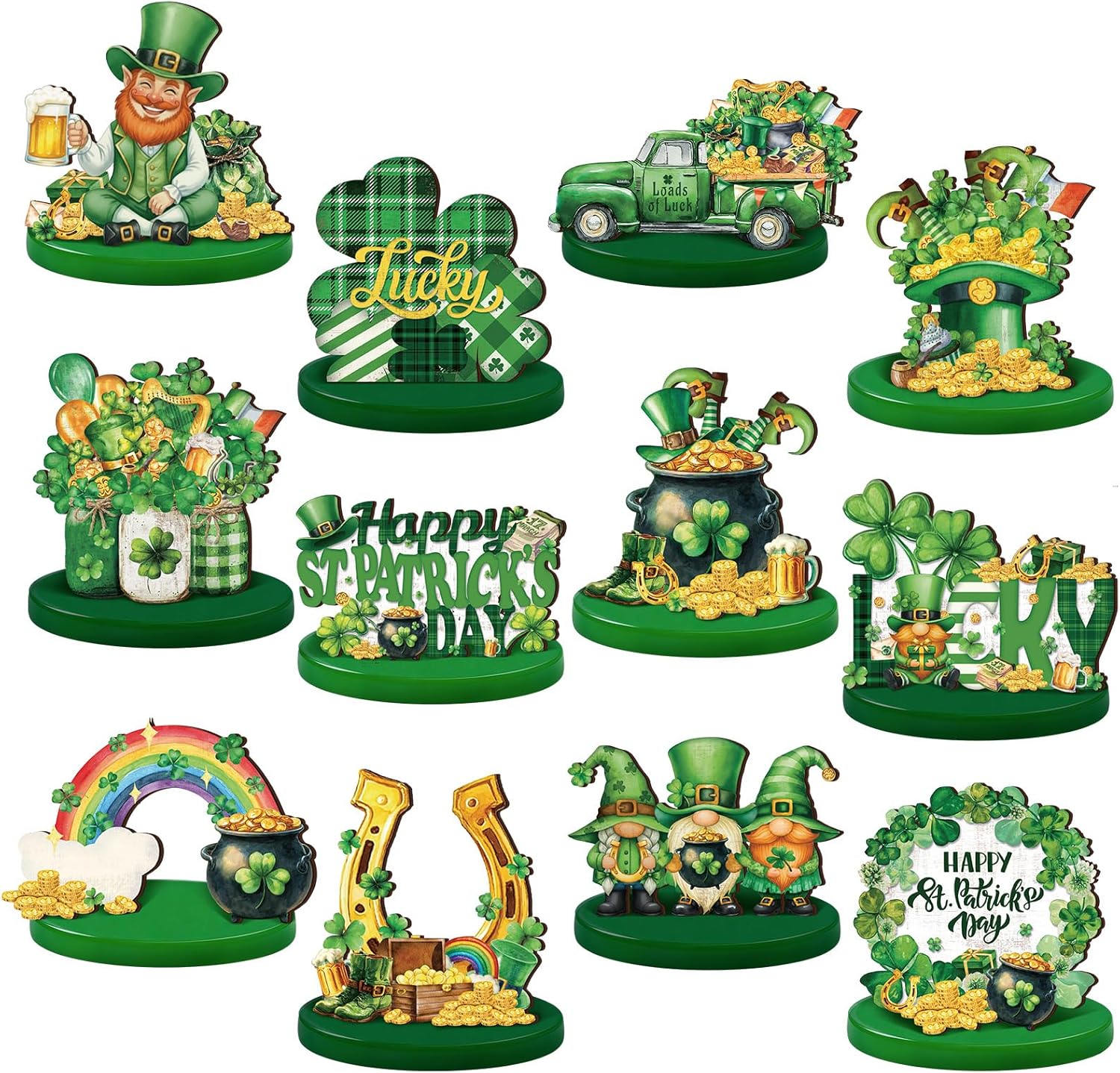Wesiti Saint Patrick Day wooden table decorations front view featuring green shamrocks and gnomes
