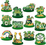 Wesiti Saint Patrick Day wooden table decorations front view featuring green shamrocks and gnomes
