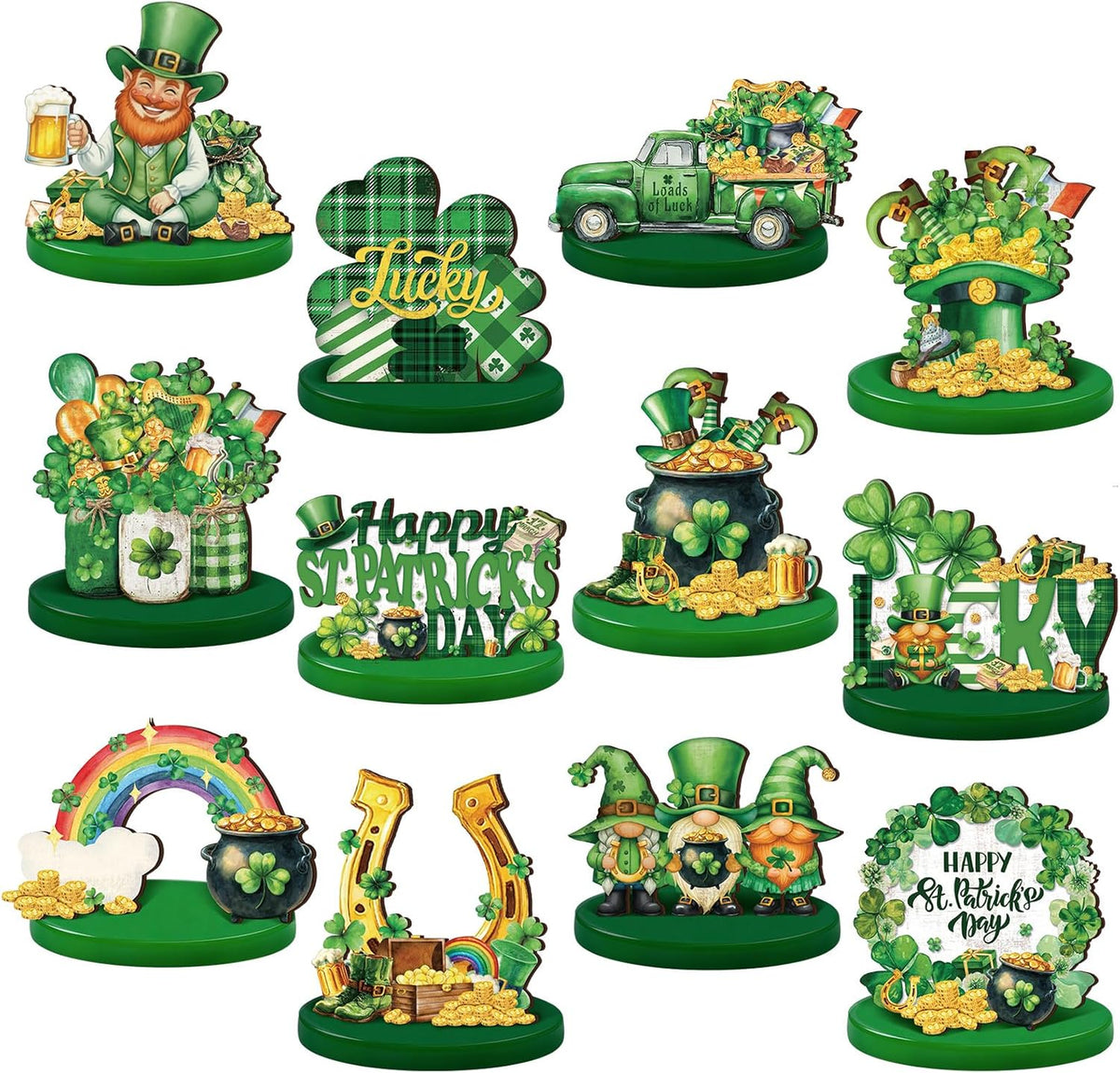 Wesiti Saint Patrick Day wooden table decorations front view featuring green shamrocks and gnomes