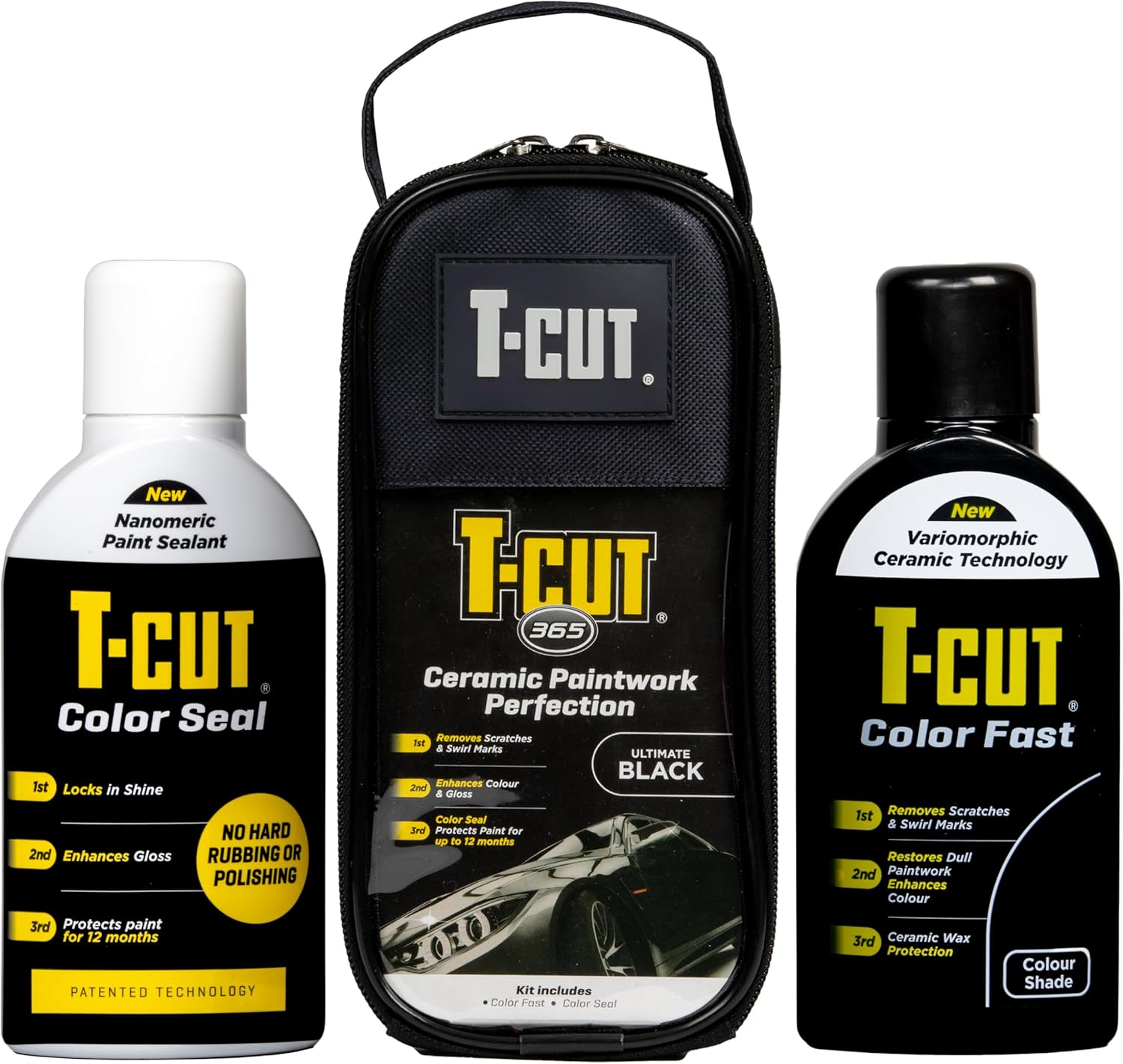 T-Cut 365 Paintwork Perfection Kit Ultimate Black front view showcasing the complete car scratch remover system.