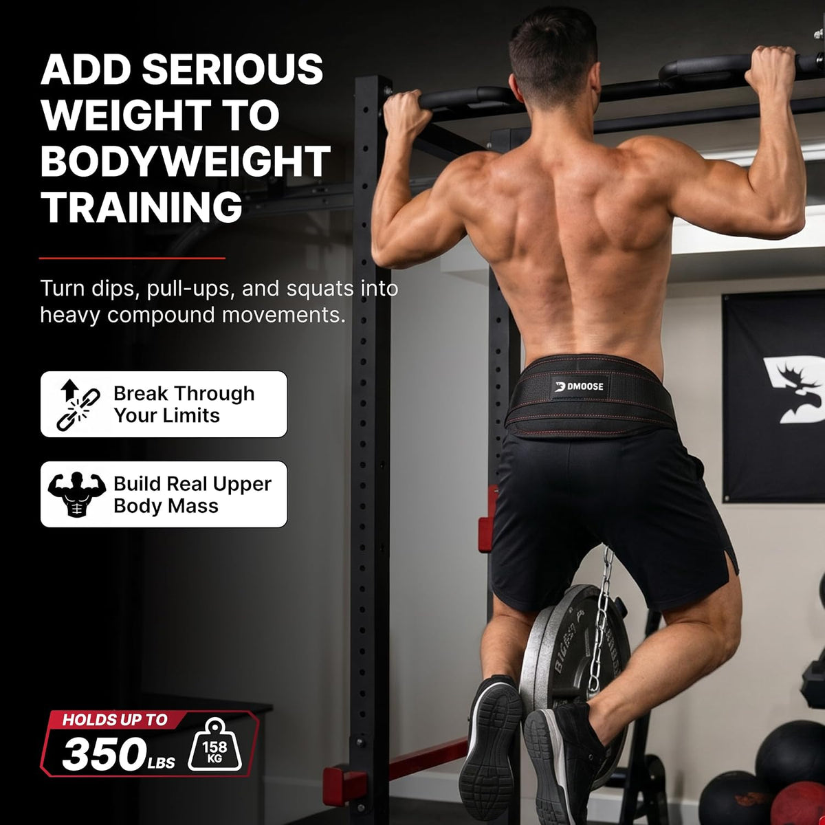 DMoose dip belt wrapped around weight plates for workout demonstration