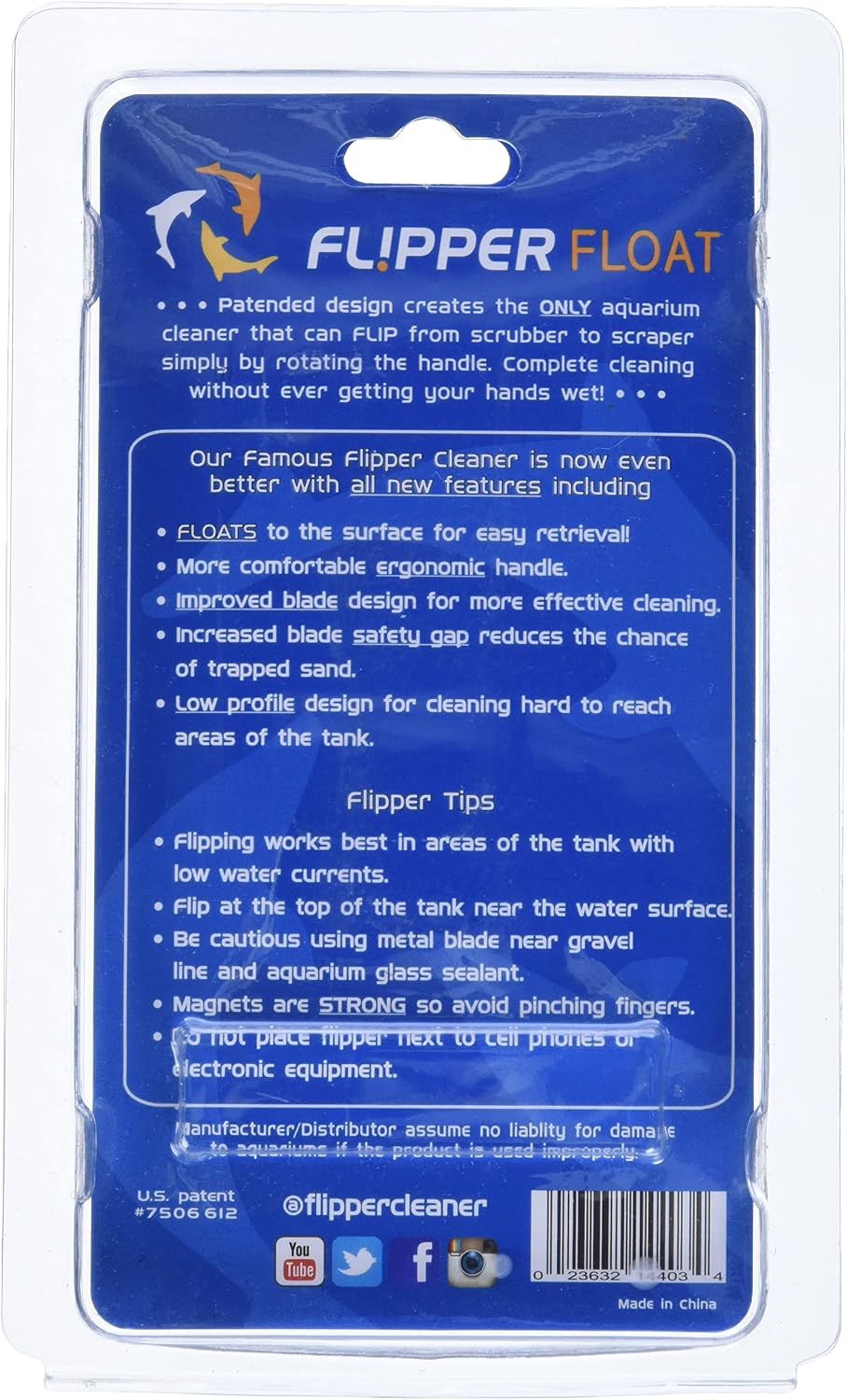 Imported FL!PPER magnetic algae remover floating safely at the top of a saltwater aquarium.