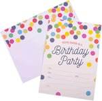 GSM Brands birthday party invitations front view showing colorful polka dot fill in cards