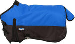 Miniature horse wearing Tough 1 waterproof winter blanket in royal blue and black.