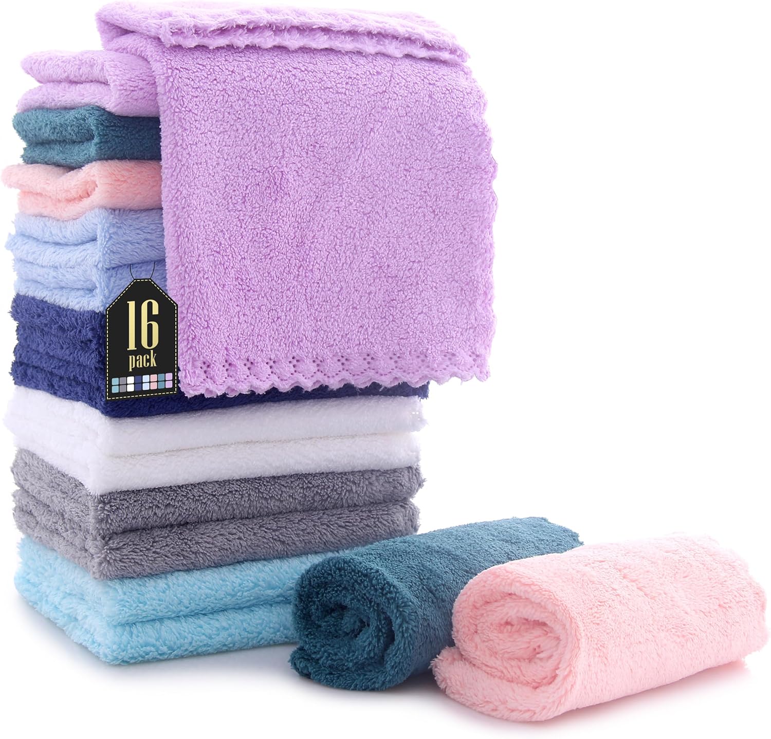 Bamboo Queen 16 pack baby washcloths multicolor coral fleece stack