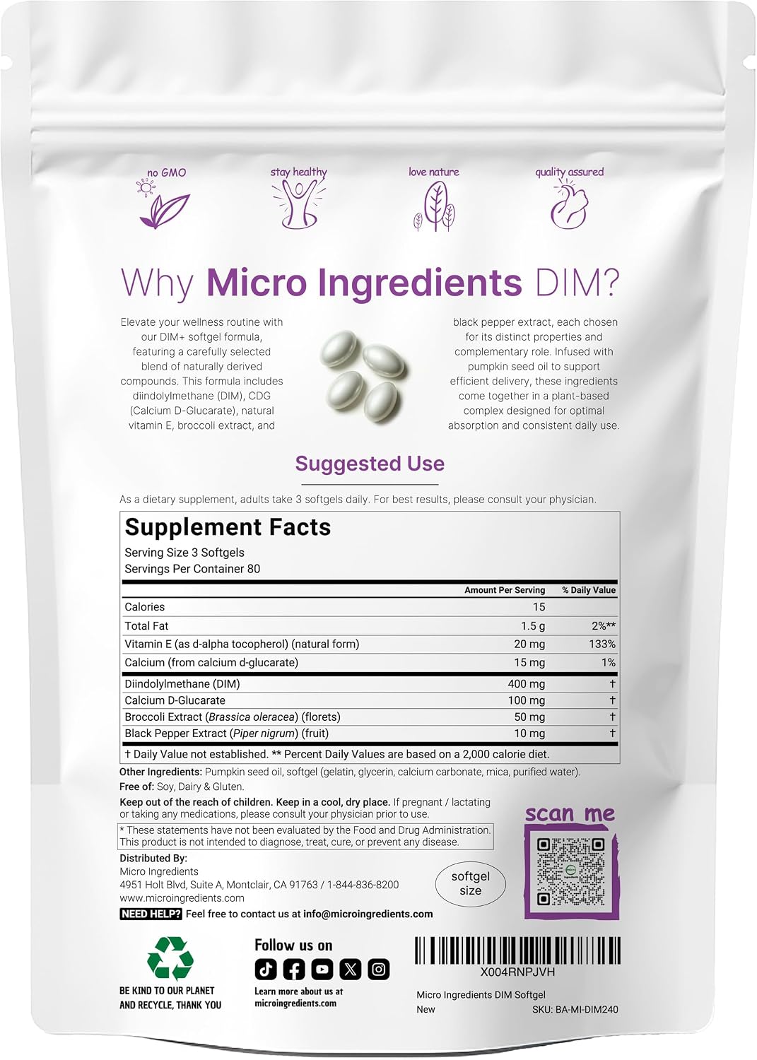 Micro Ingredients DIM Plus 400mg softgels packaging details