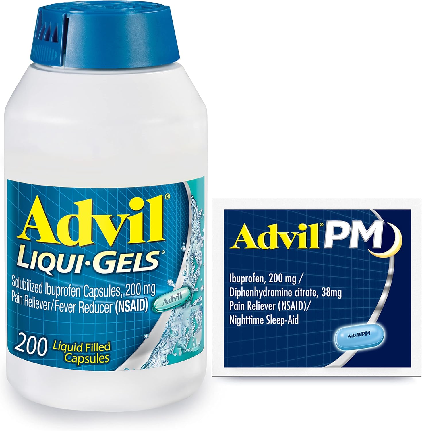 Advil Liqui-Gels 200mg 200 capsules front view bottle for fast pain relief.