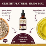 Liquid bird supplement dropper view showing organic hemp oil consistency