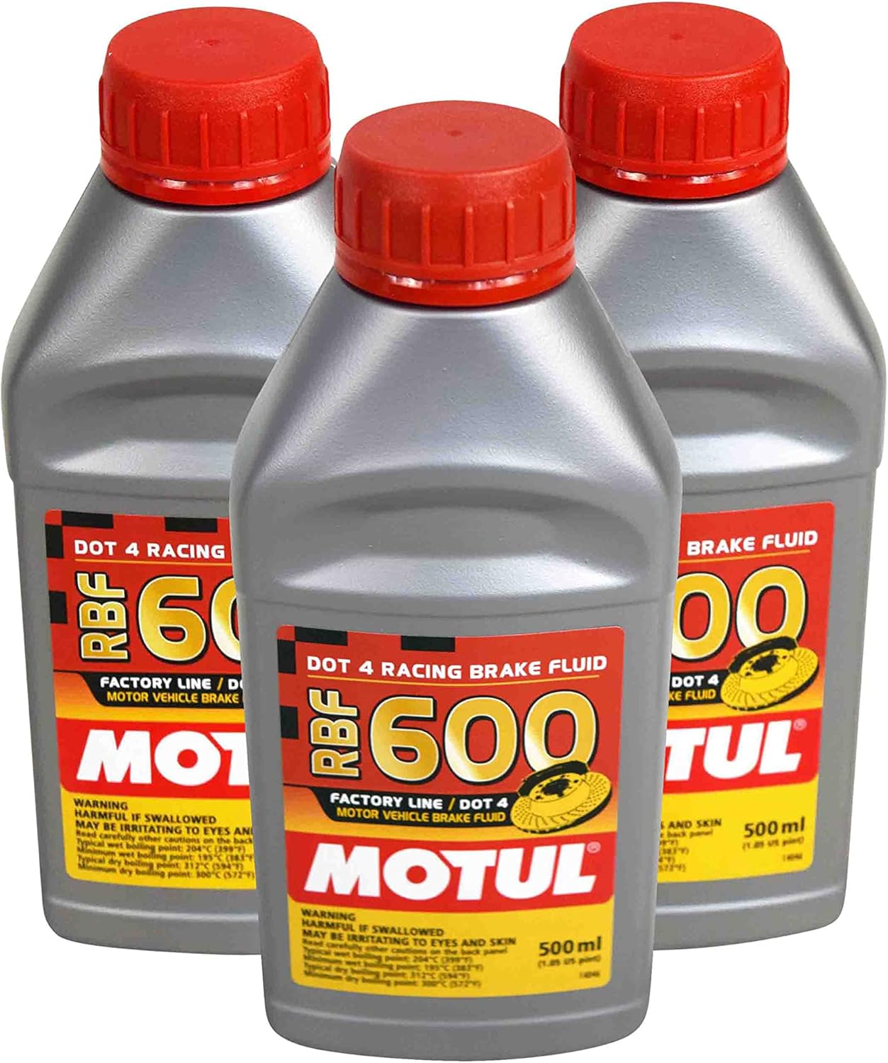 Motul RBF 600 DOT 4 synthetic racing brake fluid front view three bottle pack
