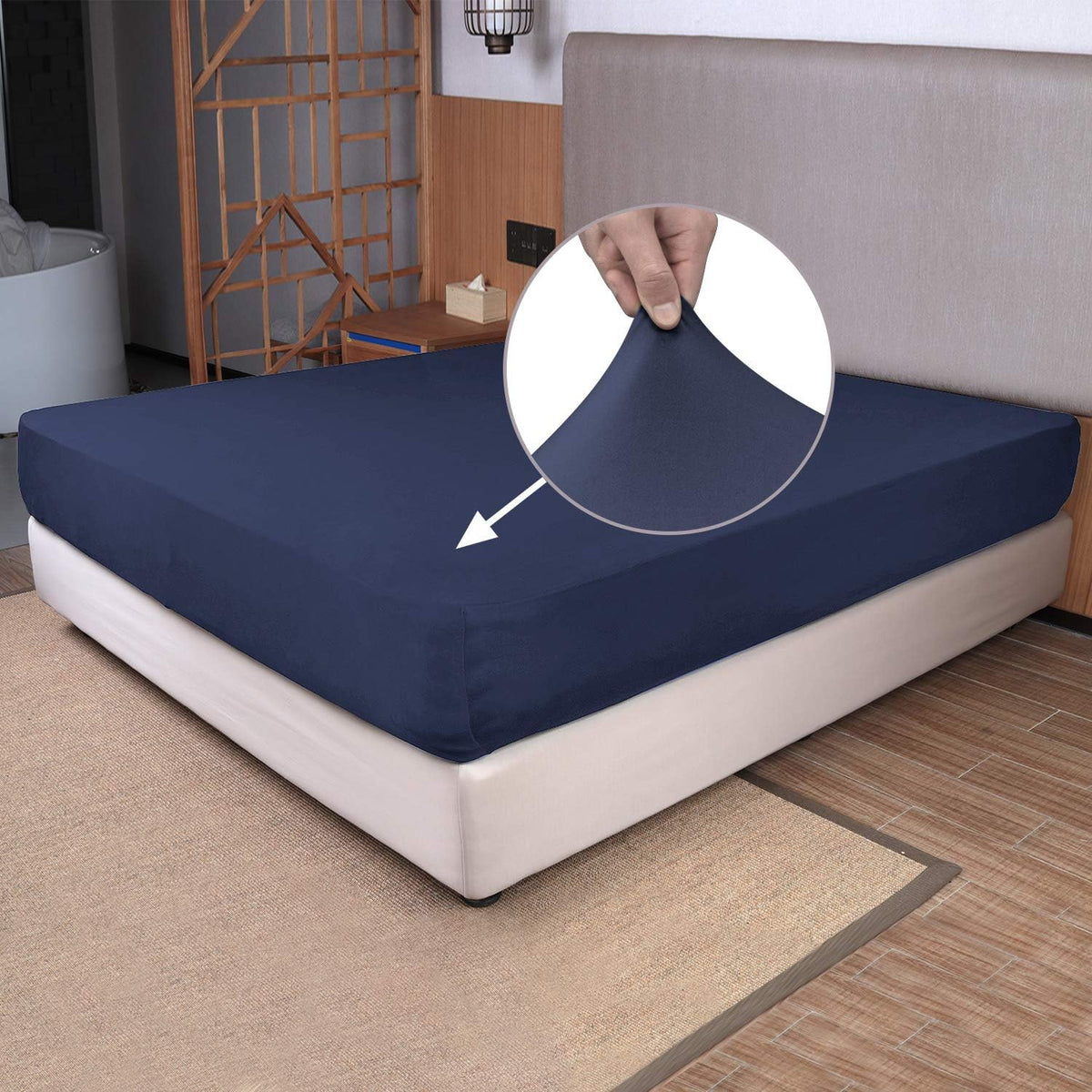N&Y HOME King Size Fitted Sheet Navy Blue front view