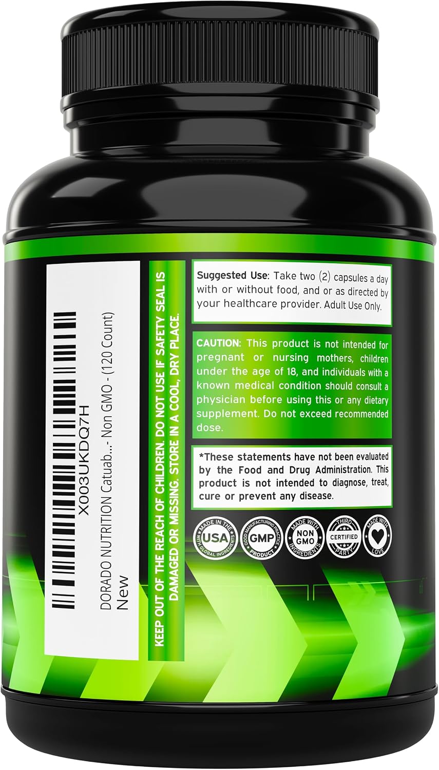 Side view of Dorado Nutrition Catuaba Bark supplement bottle