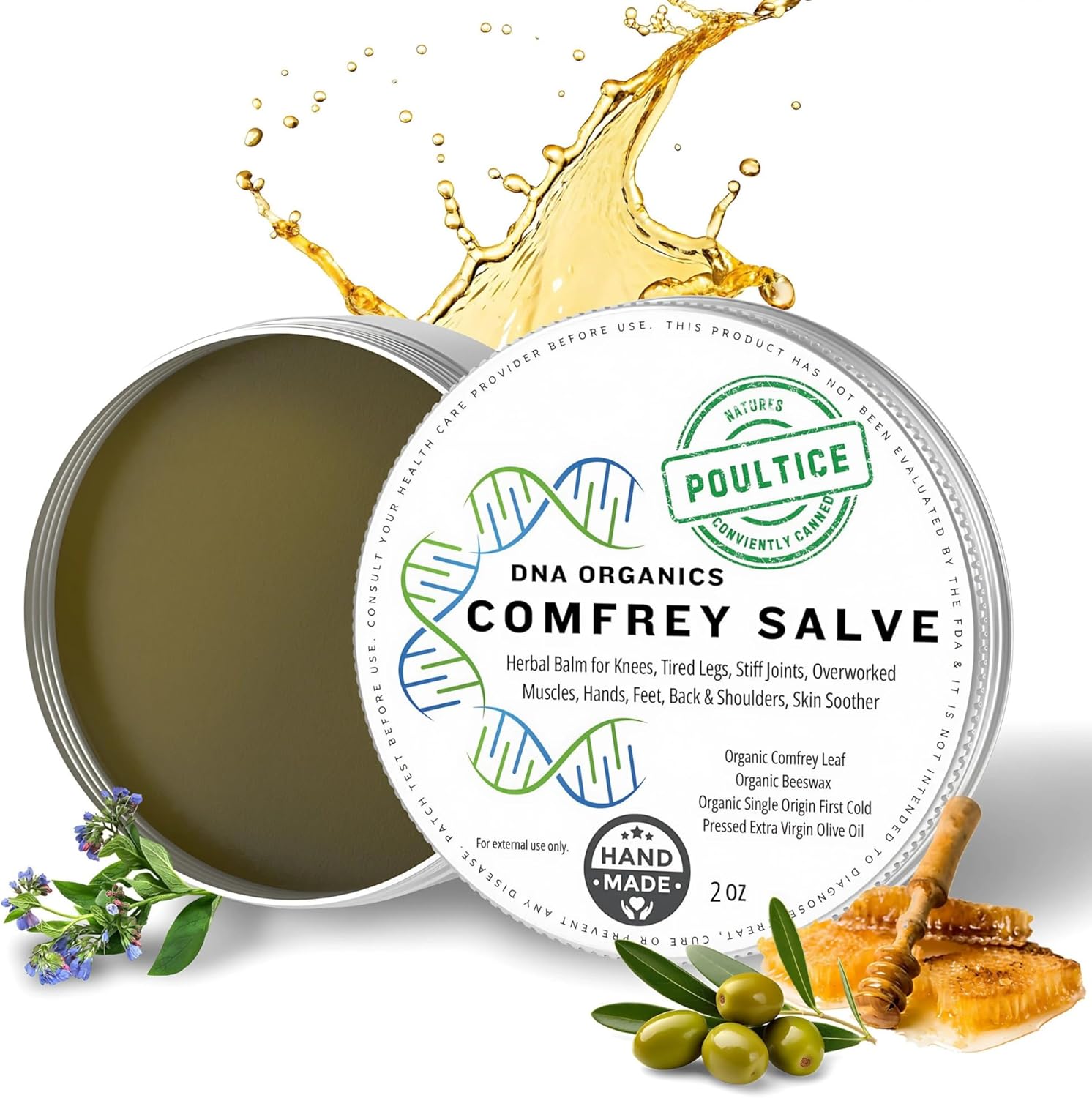 Wild Castle DNA Organics Comfrey Salve Ointment front view jar for organic muscle pain relief