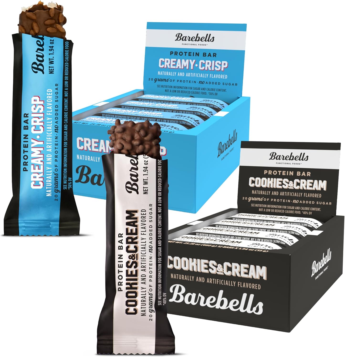 Barebells Cookies and Cream Creamy Crisp protein bar bundle front view package showcasing twenty four high protein bars.