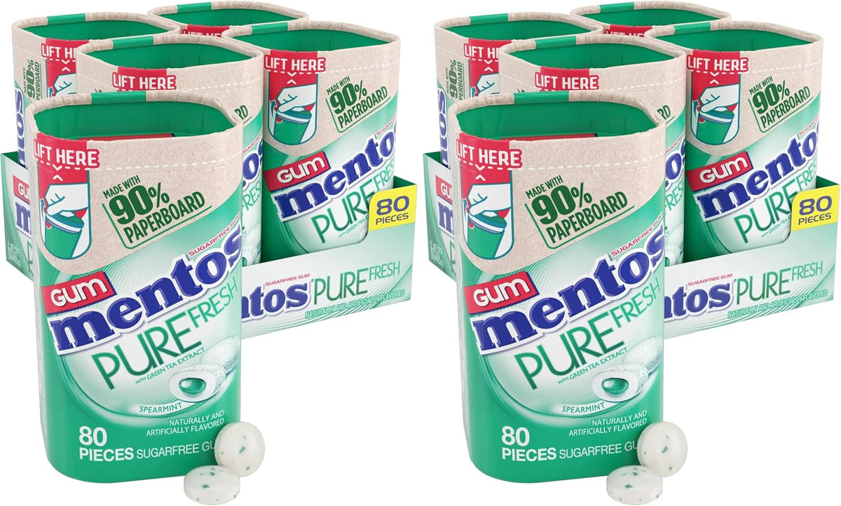 Mentos pure fresh sugar free breath mints lifestyle setup on an office desk.
