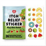 Buzzluv Hydrocolloid Itch Relief Patch front packaging showing fruit themed stickers for insect bite protection