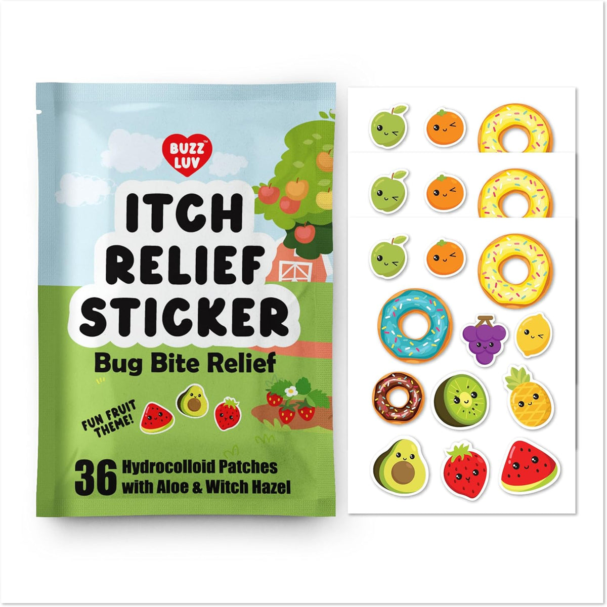 Buzzluv Hydrocolloid Itch Relief Patch front packaging showing fruit themed stickers for insect bite protection