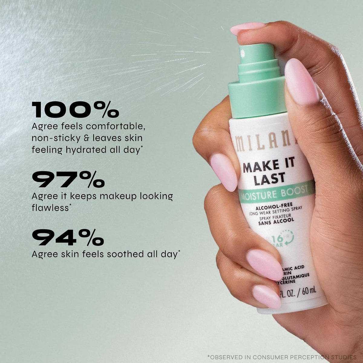Milani Make It Last spray held in hand for scale
