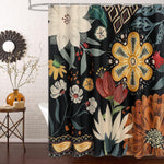 MitoVilla boho floral shower curtain front view hanging in a vintage modern farmhouse bathroom.