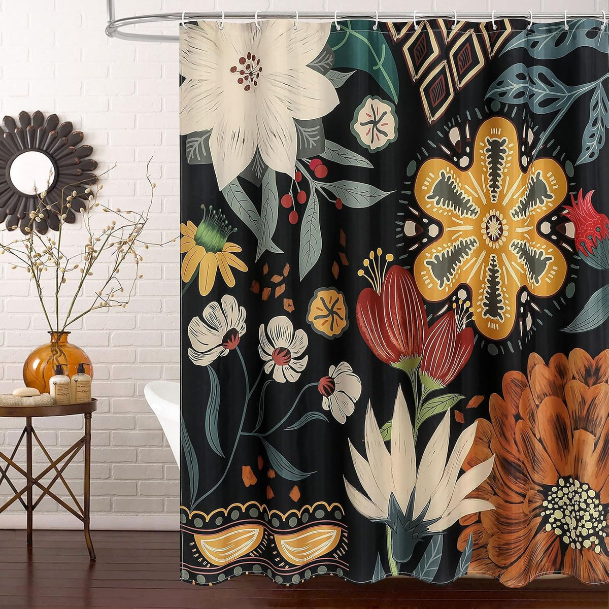 MitoVilla boho floral shower curtain front view hanging in a vintage modern farmhouse bathroom.
