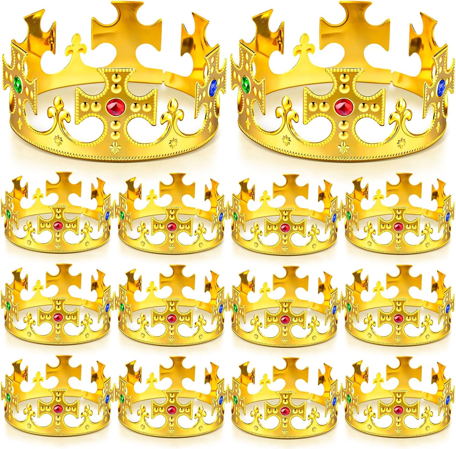 Quelay 12 Piece King Crown front view showing shiny gold plastic and colorful jewels.