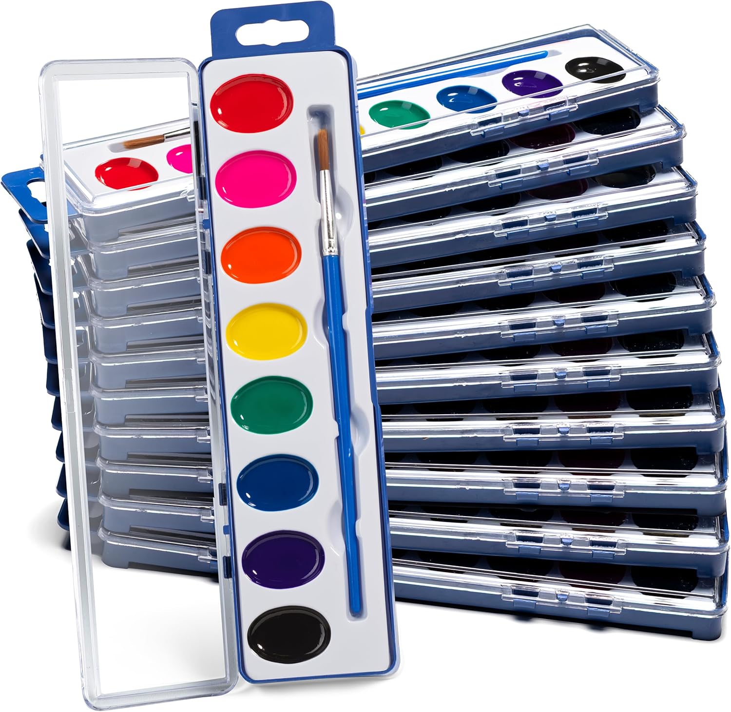 Bedwina kids watercolor paint sets bulk twelve pack front view showing vibrant colors inside the individual palette trays