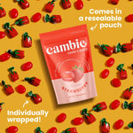 Bulk strawberry hard candy in a glass bowl