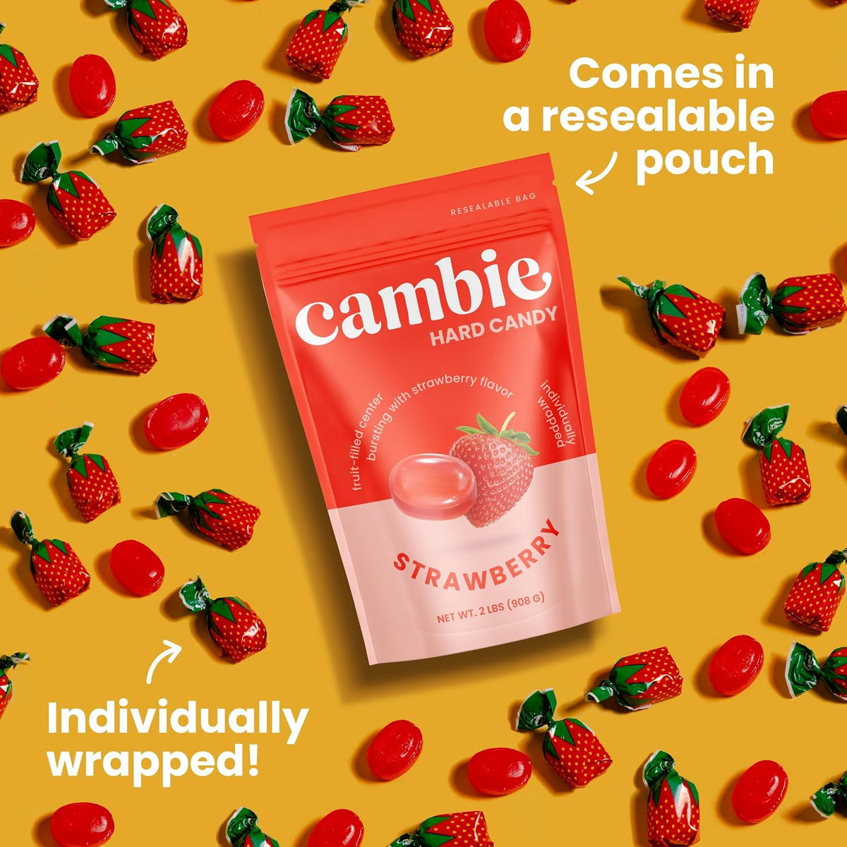 Bulk strawberry hard candy in a glass bowl