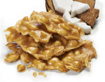 Artisan plant based old fashioned nut brittle showing crunchy roasted peanuts inside the pack