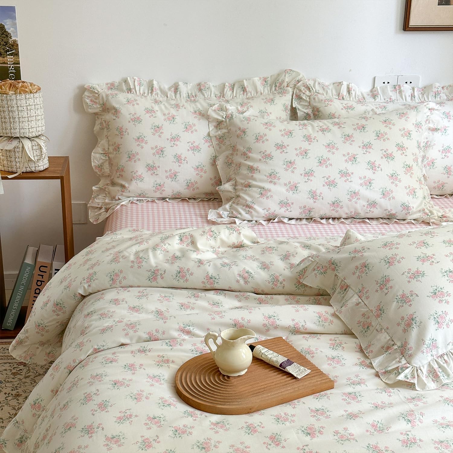 Mixinni pink floral duvet cover set front view on a made bed