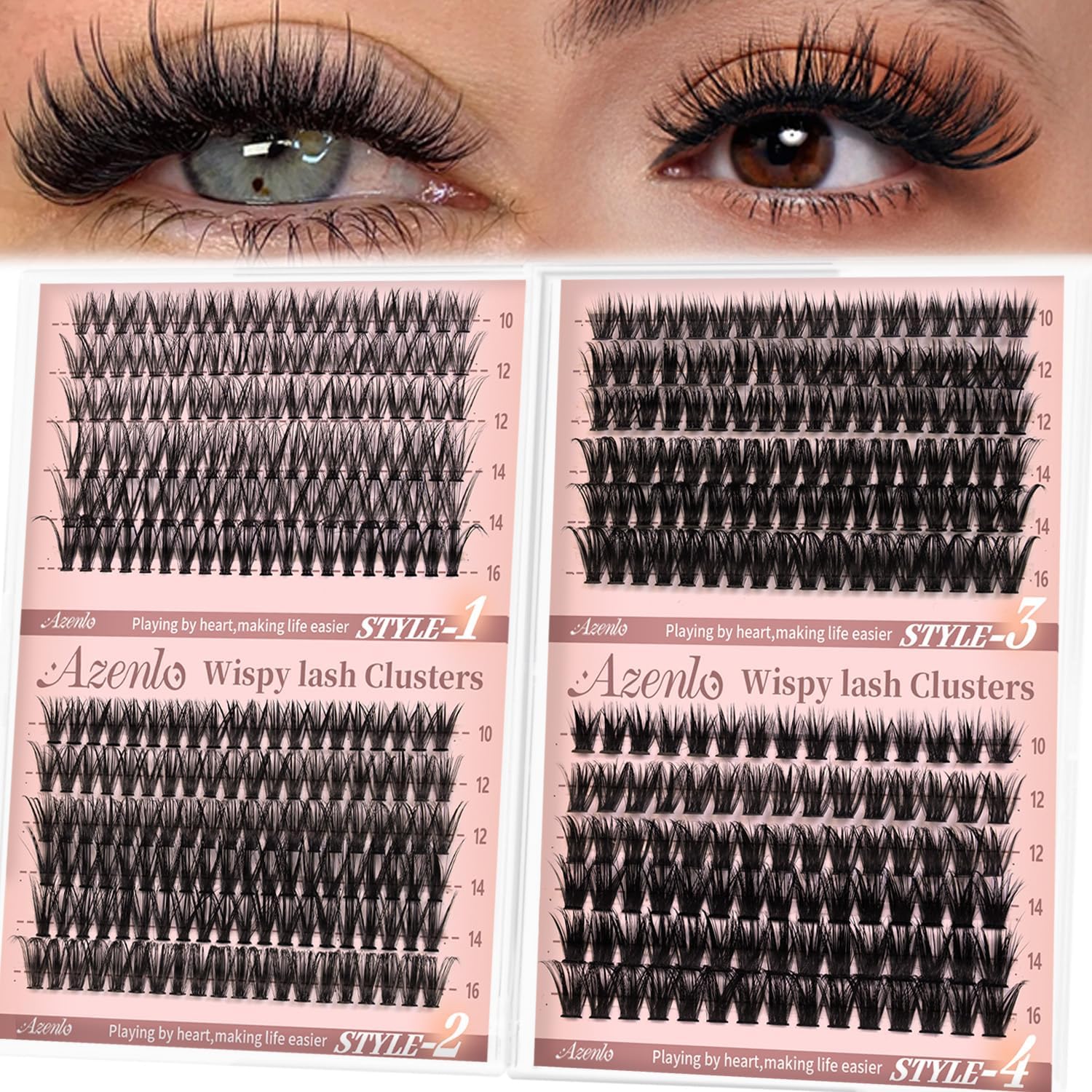 Azenlo 456 piece tray of wispy lash clusters with 30D 40D 60D and 80D volume styles