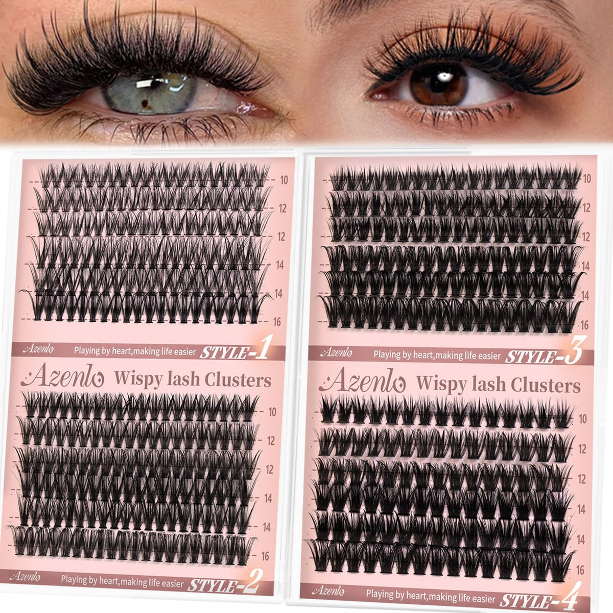Azenlo 456 piece tray of wispy lash clusters with 30D 40D 60D and 80D volume styles