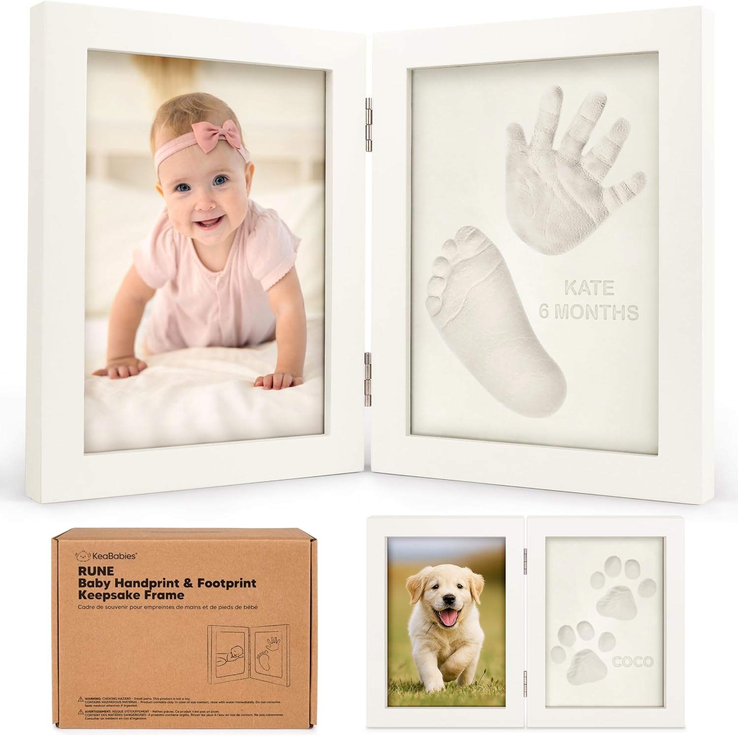 KeaBabies Personalized Baby Hand and Footprint Kit in Alpine White front view showing clay impressions and photo frame.