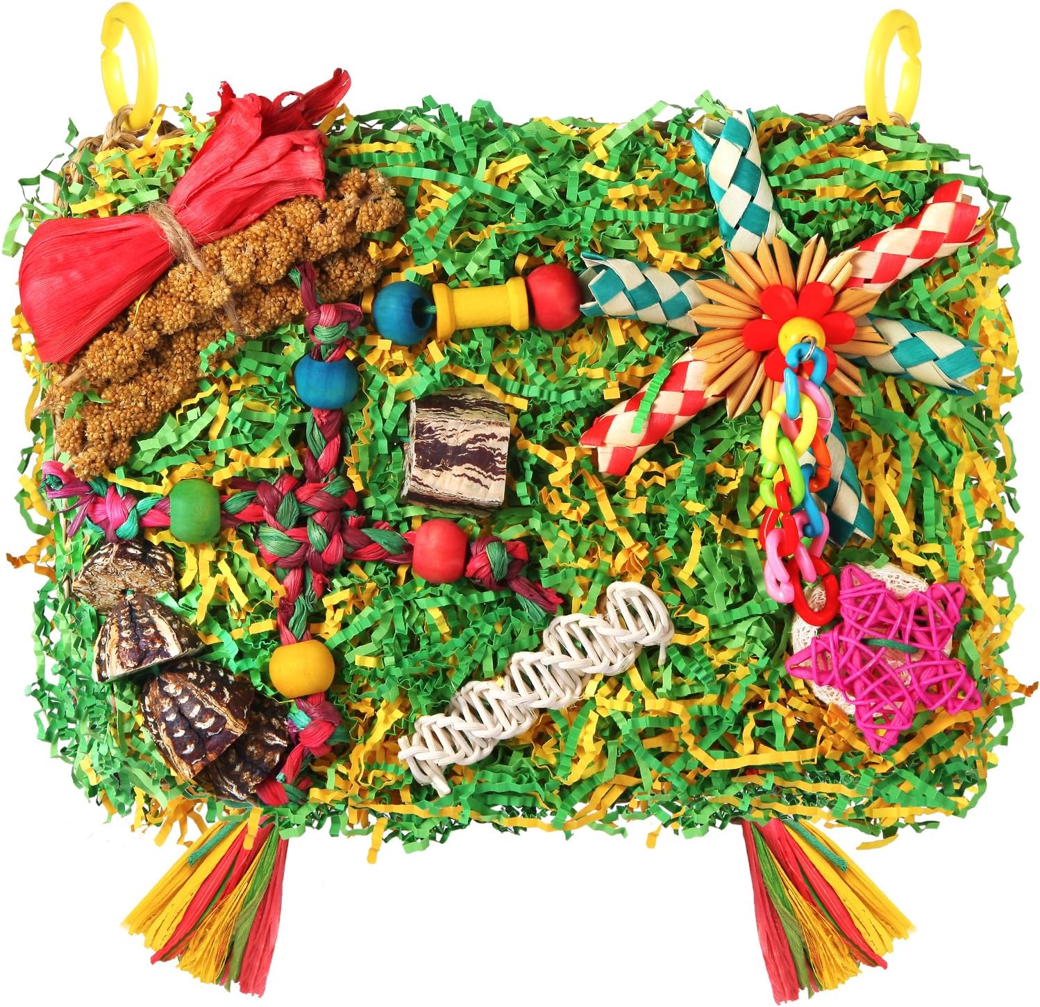YIXUND large parrot foraging toy front view hanging inside cage