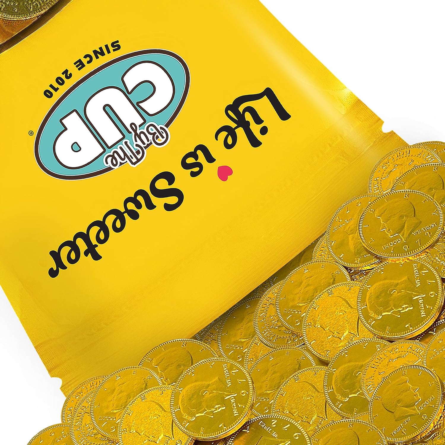 By The Cup Milk Chocolate Gold Coins one pound bulk bag front view showing gold foil wrapped chocolates