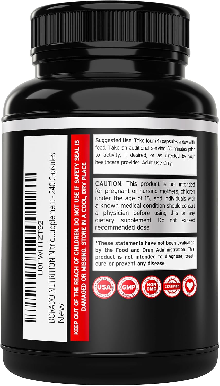 Side profile of Dorado Nutrition nitric oxide booster bottle