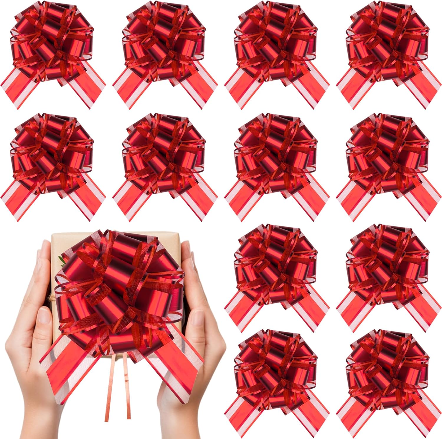 Yokodaza large red pull bows twelve count pack showing flat ribbon configuration before assembly