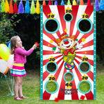 Blulu carnival toss game banner with clown design and bean bags