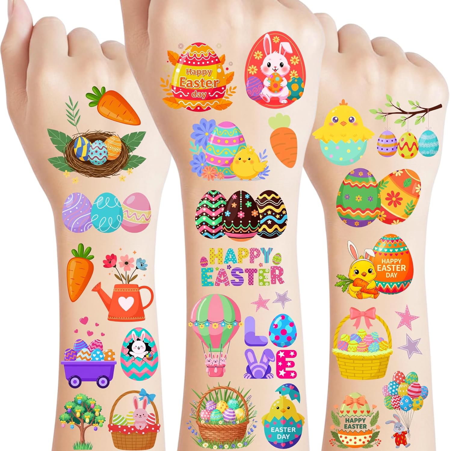 Backtopeia Easter temporary tattoos front view showing colorful bunny and egg sheets