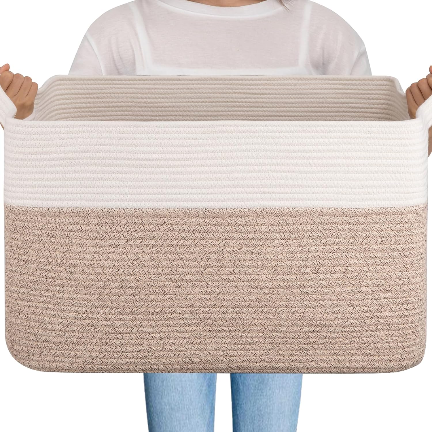 OIAHOMY extra large blanket basket brown and white front view showcasing ninety five liter cotton rope storage capacity.
