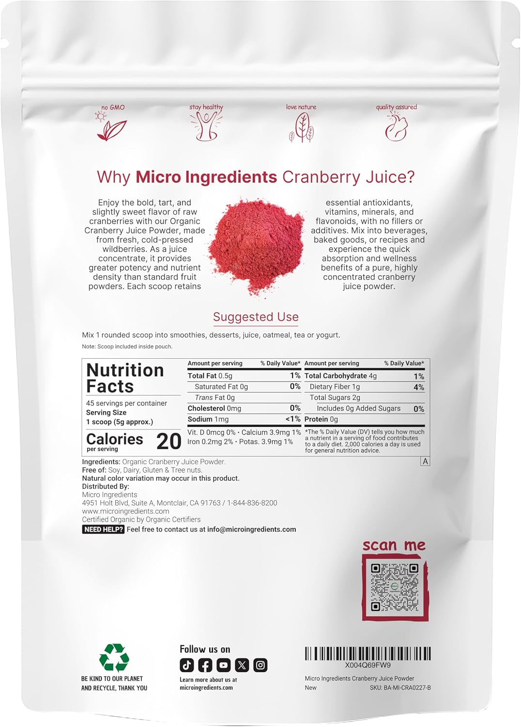Micro Ingredients wild cranberry powder supplement nutritional label
