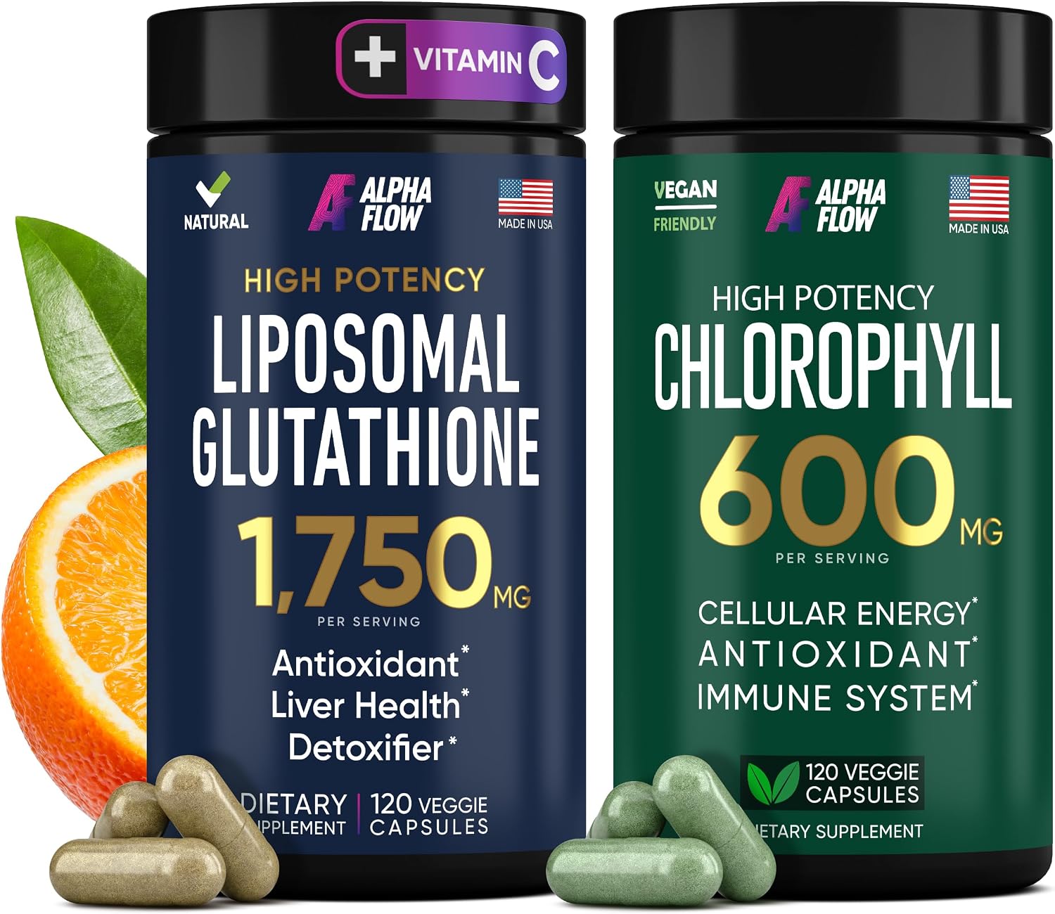 Alpha Flow liposomal glutathione and chlorophyll bundle front view nutritional supplement